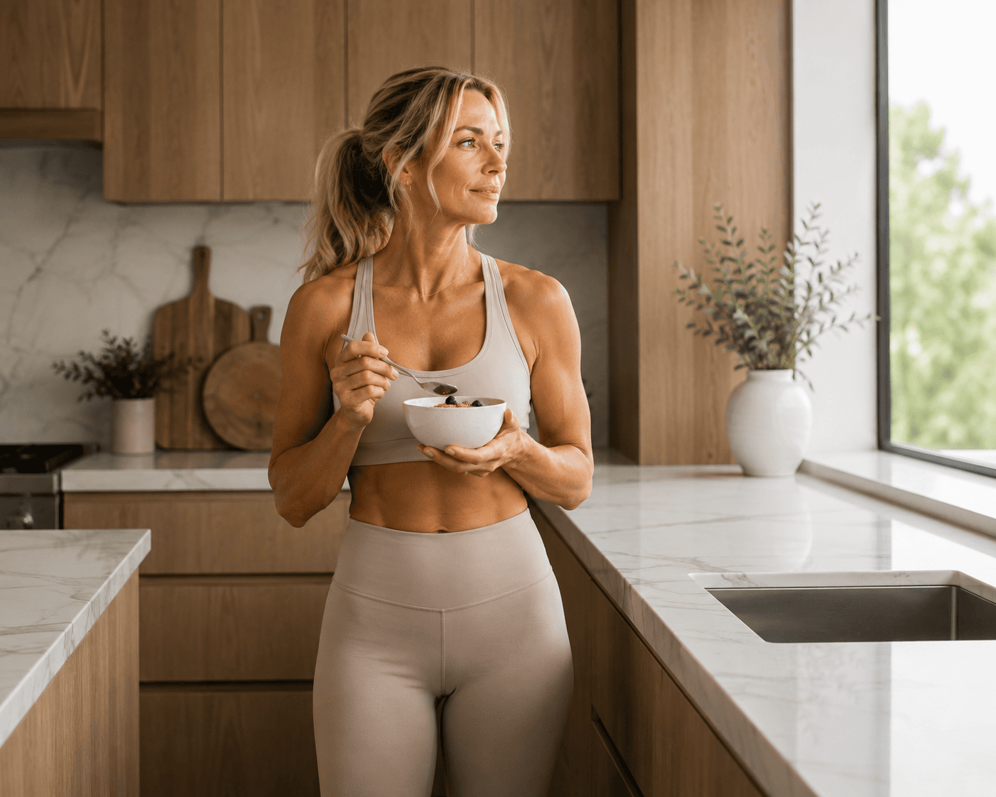 Woman enjoying a healthy meal in a warm kitchen