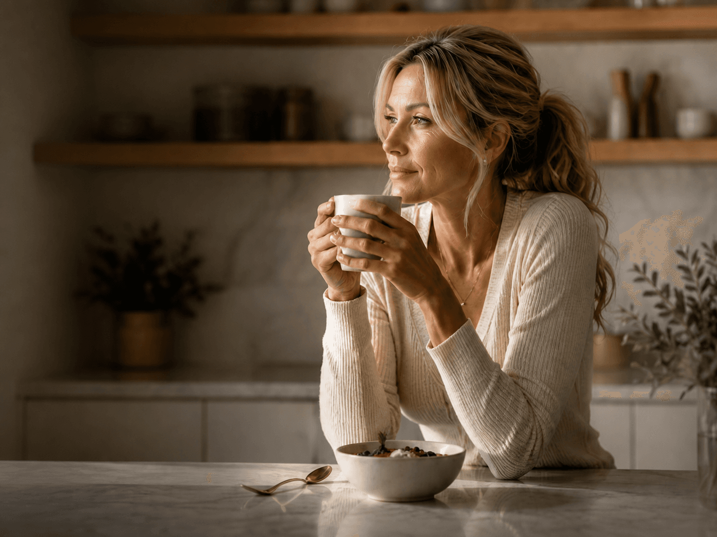 Woman enjoying coffee at a kitchen counter