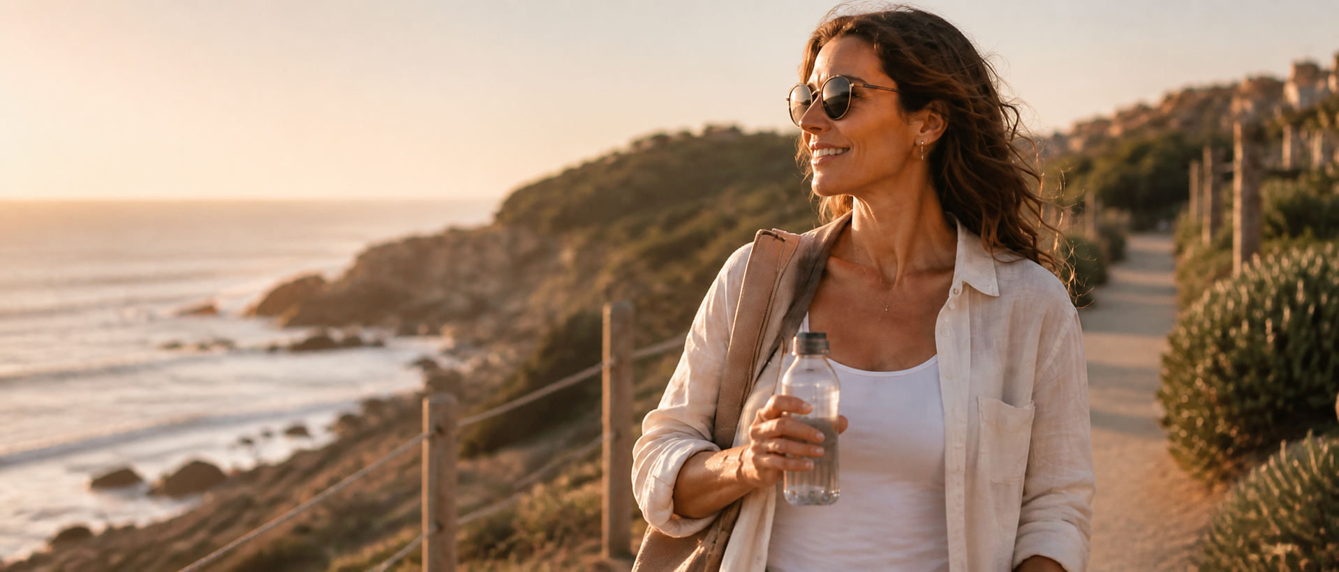 Confident woman in her forties walking along a sunlit coastal path