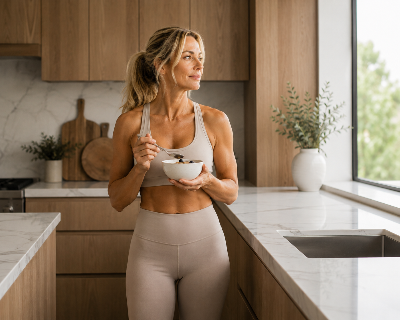 Woman enjoying a healthy meal in a warm kitchen