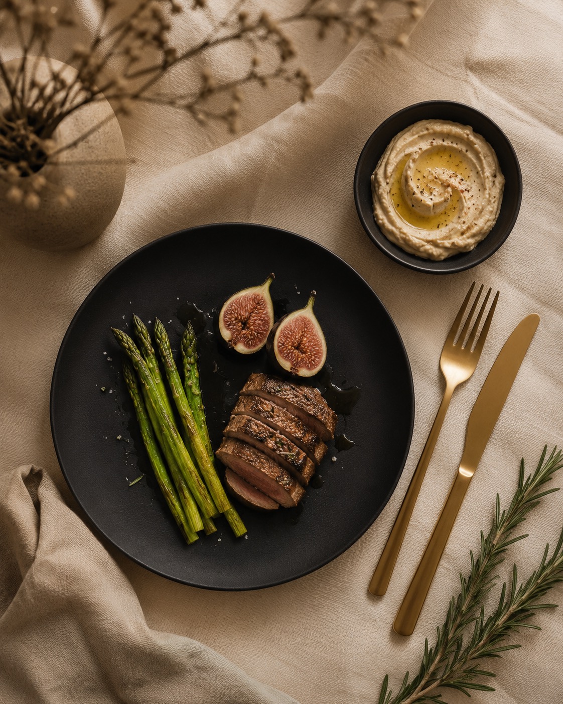 A nourishing meal with hummus, steak, asparagus, and figs